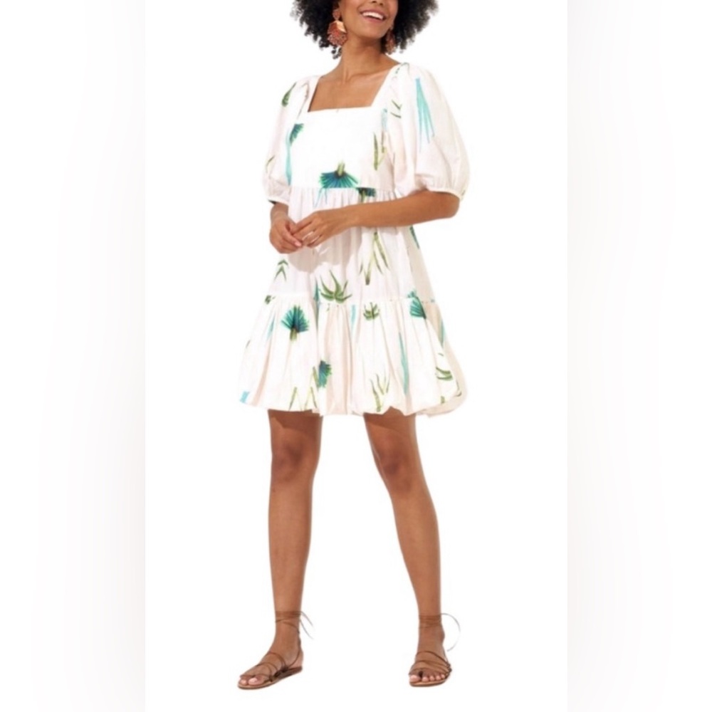 NEW OLIPHANT Bubble Hem Smocked Mini Dress In Palm Frond Green Print - Women XS